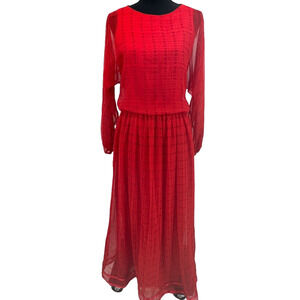 Vintage 1970s Victor Costa Red Polyester‎ Long Sleeve Maxi Dress Sz 12